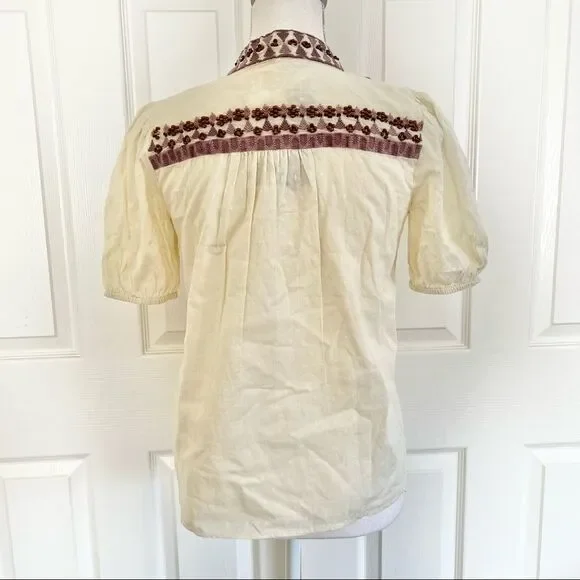 Anthropologie Forever That Girl Cotton Embroidered Beaded Peasant Top Ecru US 2 - Picture 8 of 10